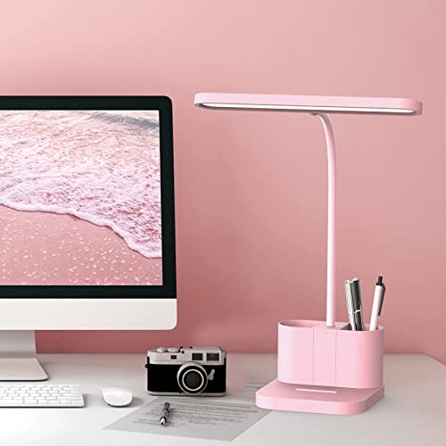 Pink Desk Lamp for Home Office, Cute Table Lights for Bedrooms, Kawaii, Dimmable LED, Flexible Gooseneck, Pen Holder, Touch Control, Room College Dorm Essentials for Teen Girls Kids
