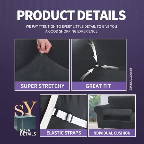 ZNSAYOTX Luxury Velvet Chair Slipcovers with Arm 2 Piece Stretch Chair Covers for Living Room Thick Soft Armchair Slipcover Anti Slip Pet Friendly Furniture Protector (Black),30"-47"(1 Cushion)