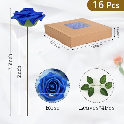 BLEUM CADE 16Pcs Artificial Flowers Fake Roses with Stems, Royal Blue Boxed Foam Roses for DIY Bouquets Centerpieces Wedding Party Arrangement Bridal Shower Decor