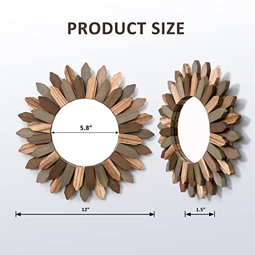 Honiway Boho Wall Decor 12 inch Decorative Mirror with Rustic Wood Sunburst Frame, Perfect for Bedroom, Living Room, Bathroom, Kitchen