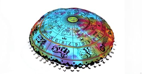CRAFT KALA 32" Large Round Bohemian Floor Pillow Cover Boho Pouf Cover Mandala Meditation Room Pillows Cover Adults Seating Poufs Cushion Cover for Kids Reading Playroom Multi Zodiac