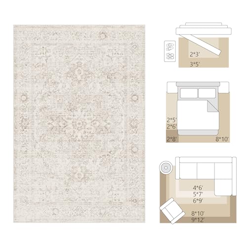 Fmfunctex 2x6 Hallway Runner Rug Beige Vintage Neutral Washable Distressed Non Slip Low Pile Traditional Indoor Carpet Soft Retro Entryway Rug for Kitchen Living Room Bedroom Bathroom Laundry Entrance
