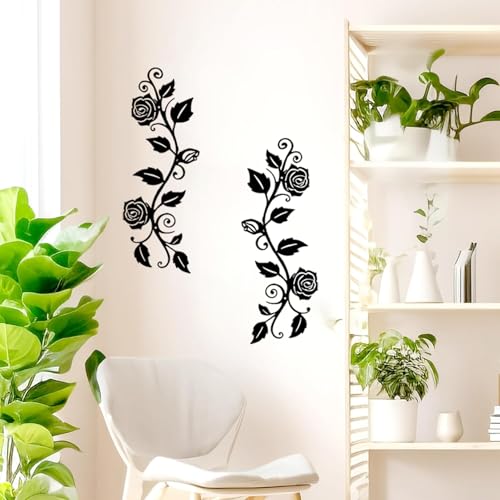 DUOOLN 2 Pcs Metal Rose Tree Leaf Wall Decor, Long Iron Scroll Vine Wall Art Above, Rustic Hanging Sign Flowers Sculpture, For Above Door Living Room Office Indoor And Outdoor Decoration - Black