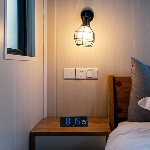 DECHOUS LED Digital Desk Clock Large Display Thermometer Alarm Clock Blue LED Temperature Display for Home Office, Black Frame, Battery Not Included