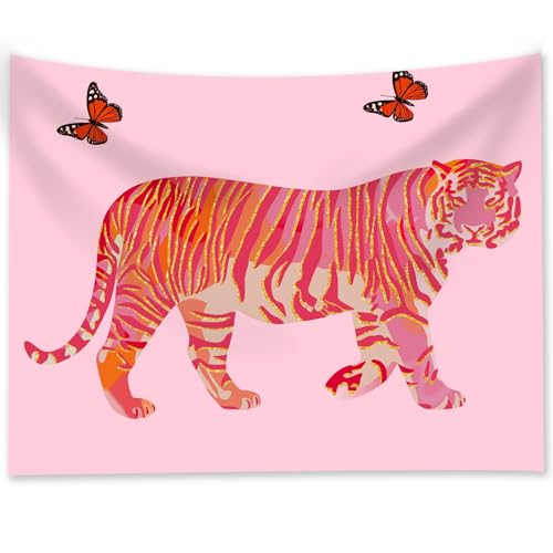 Tiger Aesthetic Tapestry - Pink Butterfly Tapestries, Boho Wall Tapestries, Picnic Sheet Wall Decor Blanket for Girl Bedroomfor Bedroom, Living Room, Dorm - 50 x 60 Inch