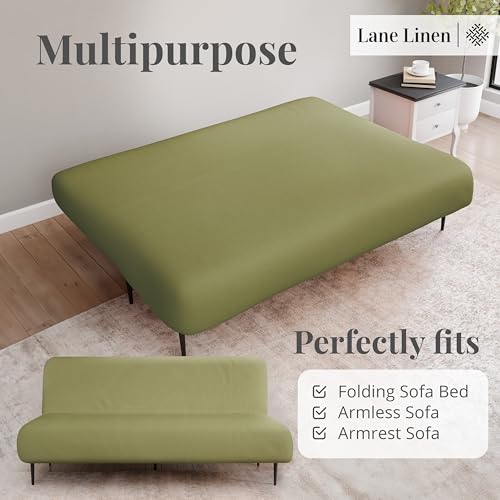 LANE LINEN Armless Futon Cover - Easy Stretchable Futon Covers Full Size, Soft Elastic Textured Fabric Sofa Bed Cover, Sofa Protector Cover for Kids, Machine Washable Couch Slipcover - Olive Green