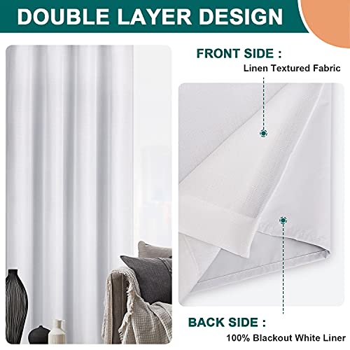 Diraysid 100% Blackout Curtains White Linen Curtains for Bedroom Grommet Thermal Insulated Room Darkening Drapes (2 Panels, W52 x L63 Inch)