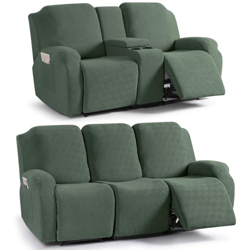 KinCam Jacquard Stretchy Recliner Loveseat Cover with Console X1, Recliner Couch Covers X1 (Greyish Green)