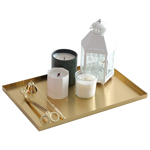 FREELOVE Gold Tray for Bathroom Vanity Brass Decor, Small Candle Holder, Rectangle Soap Dish, Brushed Square Plate, Coffee Table Toilet Back Modern Antique, 10''X15''