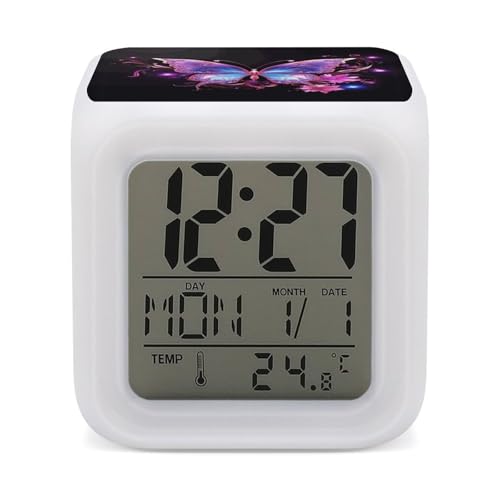 Purple Butterfly Flower 7 Color Changing Digital Alarm Clock Cube LED Night Light with Auto-Color Cycle Desk Clock with Temperature Display Snooze Battery-Powered Dimmable Lamp for Bedroom Decor