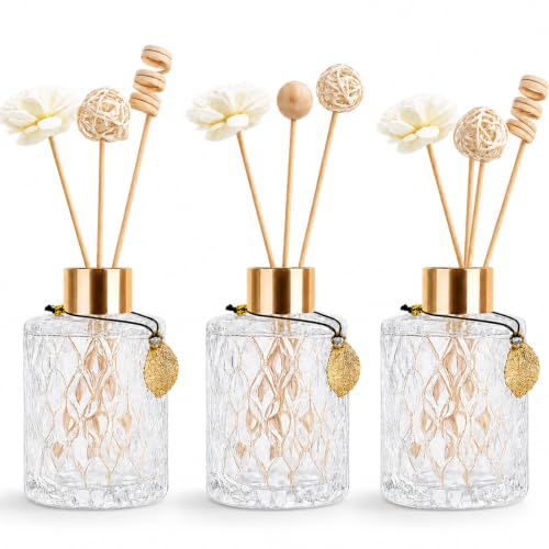 Glass Reed Diffusers Bottles for Home, Diffuser Bottles with Reed Diffuser Sticks Set, Vintage Embossed Apothecary Style Flower Bud Vases with Cork Lids, Set of 3