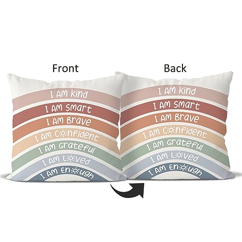 QIYUHOY Kids Classroom Reading Corner Rainbow Throw Pillow Covers 18x18, Positive Affirmations Pillow Case Decor for Calming Corner Cozy Corner Nursery Toddler Room Playroom