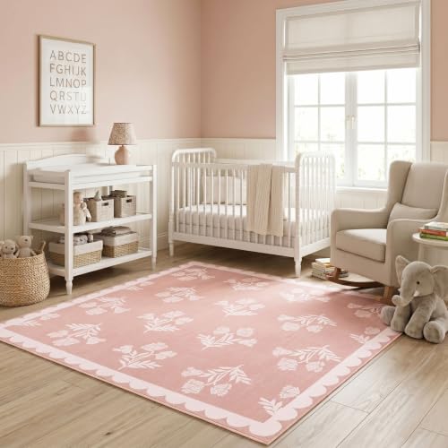 Pink Square Rugs 5ft - Soft Washable Boho Floral Girls Bedroom Rug