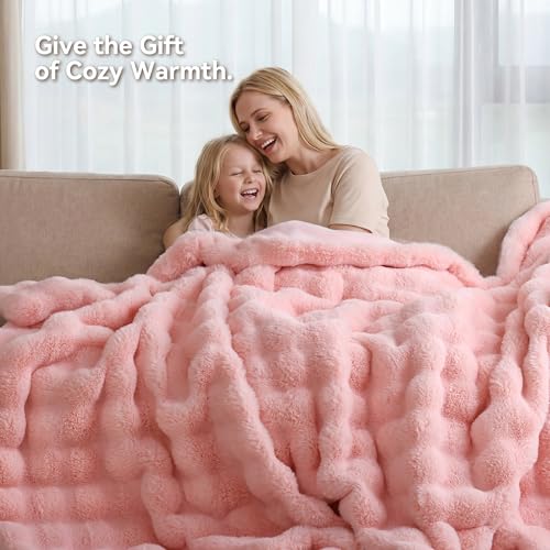 Smoofy Faux Fur Throw Blanket for Couch - Blush Pink Super Soft Cozy Bubble Blanket, Fluffy Plush Fuzzy Throw for Sofa & Bed, Thick Lightweight Warm Blanket, Luxury Aesthetic Gift for Women 50"x60"