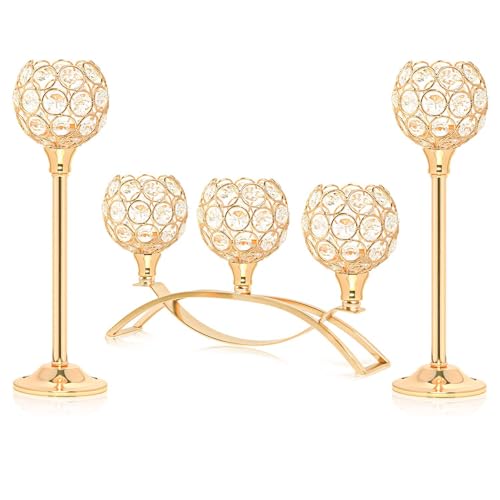 Crystal Tealight Candle Holder Centerpiece Home Decorative Candlestick Holder Elegant Table Centerpiece Home Decor Wedding Party Anniversary (Gold, Set of 3)