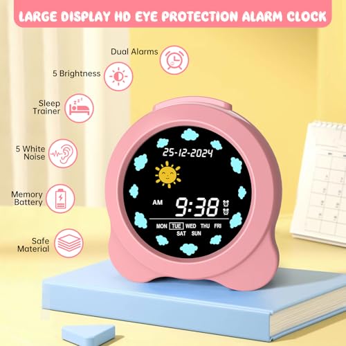 Kids Alarm Clock, Sun & Moon LED Display with Day & Date, Children's Sleep Trainer with Night Light & Sleep Sounds, Cute Wake Up Clock for Kids Bedroom, Easy to Use Birthday Gift for Boy and Girls