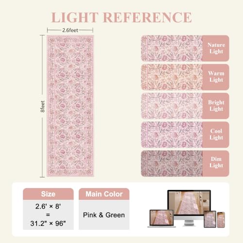 2.6x8 Runner Rug, Washable Vintage Floral Kitchen Runners Rug, Pink