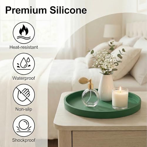Round Green Silicone Decorative Bathroom Vanity Tray 9 Inch, Counter Tray for Bathroom Countertop Perfume Holder Dresser Organizer Coffee Table Candle, Non-Slip Durable for Home Use