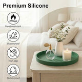 Round Green Silicone Decorative Bathroom Vanity Tray 9 Inch, Counter Tray for Bathroom Countertop Perfume Holder Dresser Organizer Coffee Table Candle, Non-Slip Durable for Home Use
