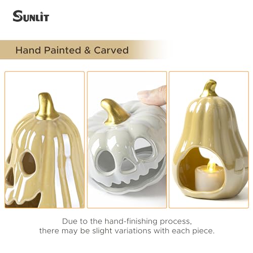 Sunlit Ceramic Pumpkin with 3 Tea Lights, Jack O Lantern Candle Holder Set of 3, Tabletop Indoor Halloween Decorations for Holiday Party Home, Pearl Finish