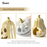 Sunlit Ceramic Pumpkin with 3 Tea Lights, Jack O Lantern Candle Holder Set of 3, Tabletop Indoor Halloween Decorations for Holiday Party Home, Pearl Finish