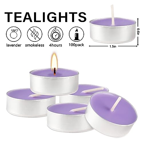 Purple Lavender Scented Tealight Candles - Giant 100 Pack Candles -Smokeless, 4 Hour Burn - Gift Set for Valentine's Day, Christmas, Weddings Centerpiece & Home Decor