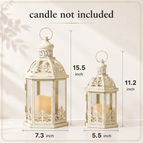 Lanterns Decorative Outdoor&Indoor, Set of 2 (15"&11") Beige Metal Lantern Decor with Glass, Candle Holder for Porch, Patio, Garden, Fall, Wedding, Christmas, Table Centerpiece