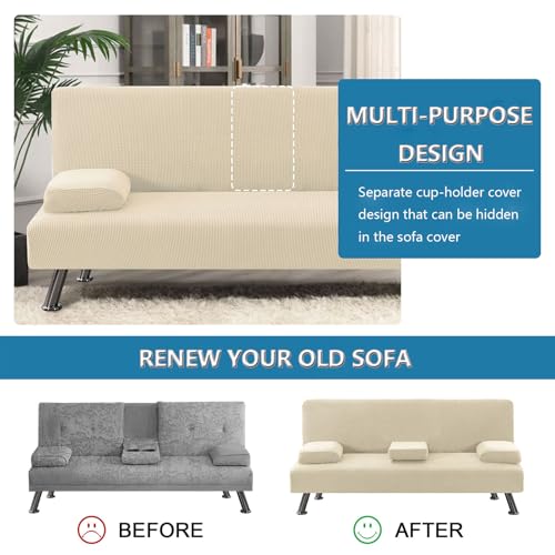Futon Cover Stretch 4 Pieces Futon Sofa Bed Cover Washable Futon Bed Cover Removable Armrests and Cupholders Covers,Off White