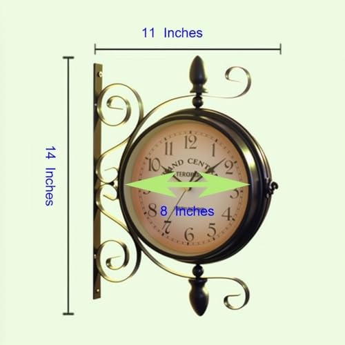WOOCH Wrought Iron Antique-Look Brown Round Wall Hanging Double Sided Two Faces Retro Station Clock Round Chandelier Clock with Scroll Wall Side Mount Home Décor Wall Clock 8-inch