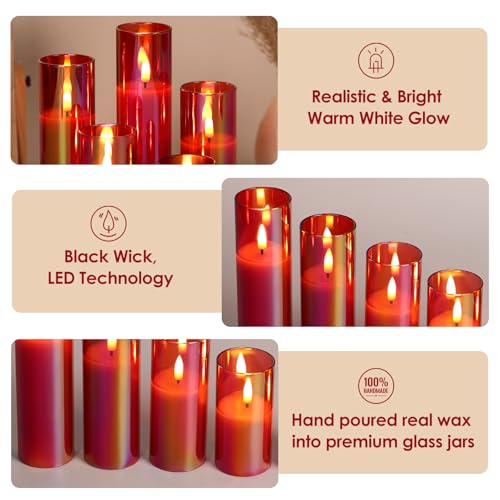 Red Glass Flameless Pillar Candles with Remote Batteries Set of 5