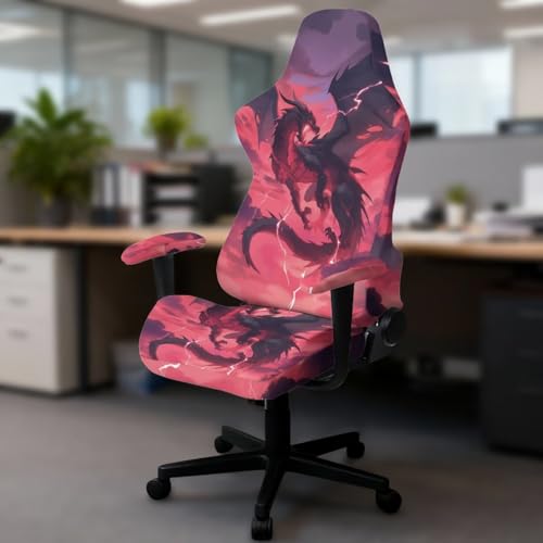 GLENLCWE Dragon Print Washable Gaming Chair Covers with Armrest Cover, 4pc/Set Office Chair Covers Slipcovers with Zipper, Red Stretchable Game Chairs Slipcovers
