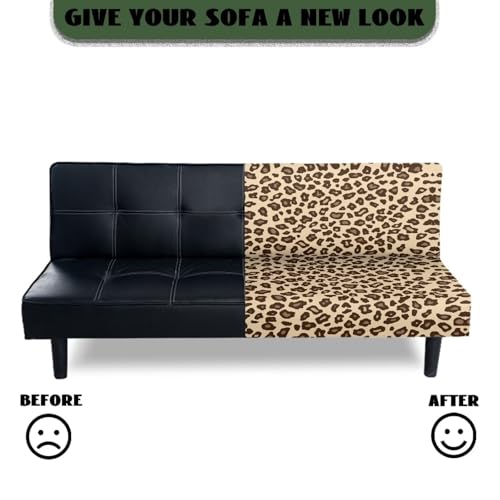 Futon Cover with Elastic Bottom Armless Sofa Covers Non Slip Washable Couch Slipcover Scratch-Resistant Futon Sofa Slipcover for Dogs Cats, Leopard Print Beige