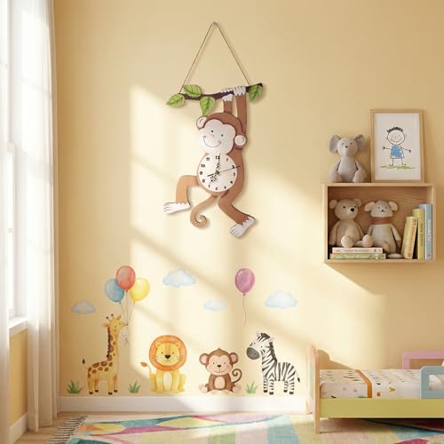 Kenning Monkey Wall Clock Safari Nursery Decorative Silent Non-Ticking Clock Wooden 16 x 11.5 Inch for Living Room Bedroom Kitchen Home Wall Decor, Battery Not Included