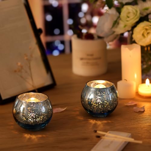 Round Blue Votive Candle Holder Set of 12, Mercury Glass Votives