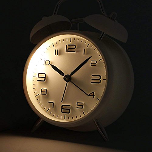 Betus [Non-Ticking Twin Bell Alarm Clock - Metal Frame 3D Dial with Backlight Function - Desk Table Clock for Home & Office - Milk White