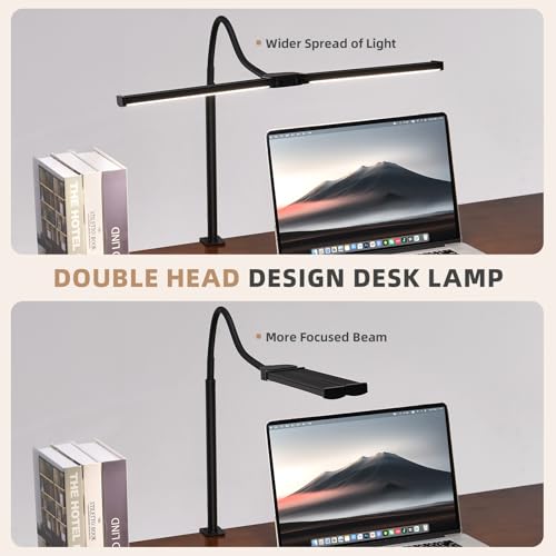 LED Desk Lamp for Home Office, Double Head Architect Light with Clamp, Computer Monitor Clip on Light, 3 Modes and 10 Brightness, Adjustable Flexible Goose-Neck, Table Task Lamp, Black