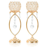 2 Pcs Gold Elegant Metal Crystal Tea Light Candle Holders with Bling Crystal Pendants, Hollow Design - Wedding Table Centerpieces for Anniversary Birthday Party, Home Decor