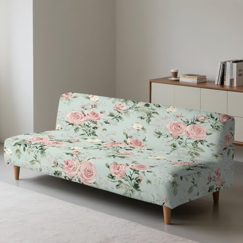 Pink Rose Futon Couch Cover Full Size Light Green Couch Slipcovers Without Armrest Easy Going Stretch Sofa Covers for Living Room