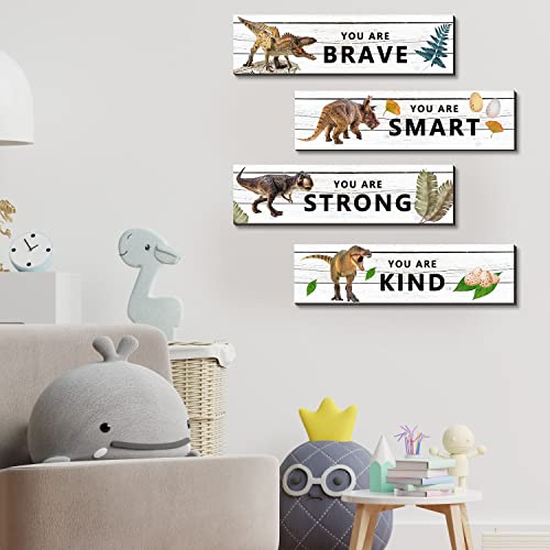 UBLURO 4 Pieces Dinosaur Motivational Wall Art Decors - Dinosaur Wooden Hanging Wall Prints Plaques， Dinosaur Room Decor for for Kids Boys Nursery Bedroom Decorations