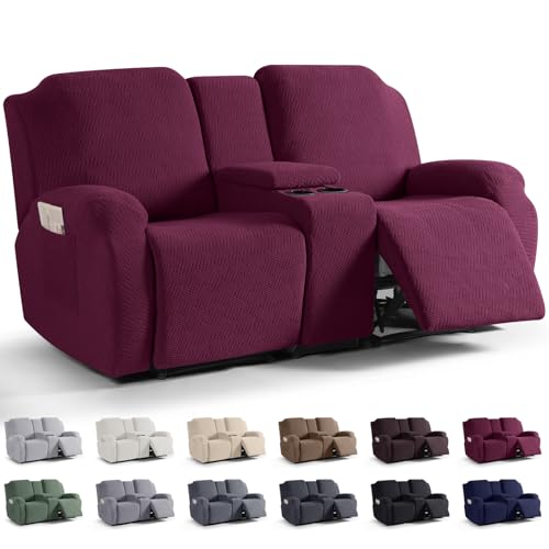 KinCam Loveseat Recliner Covers with Middle Console Slipcover, Recliner Sofa Covers 2 Seat Couch Cover Stripe Jacquard Furniture Protector Covers with Elastic Bottom for Kids, Pets (Burgundy)