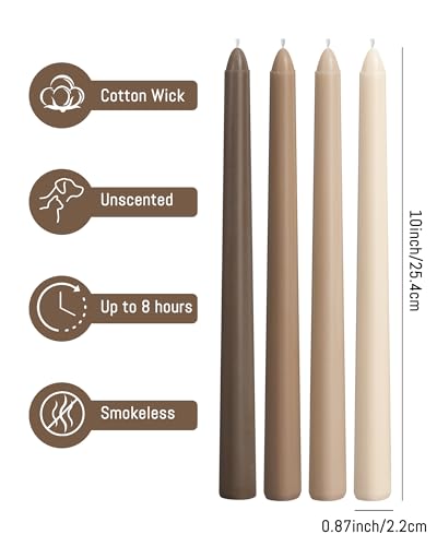 Viyffo Taper Candles 10 Inch Brown 4 Pack Unscented, Smokeless Long Tall Tapered Candlesticks Wedding Home Decor Dinner Natural Color Series