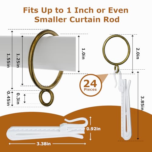 1.25 Inch Curtain Rings with Hooks, 24 Pack Bronze Metal Drapery Rings with Pins Fits Up to 1" Curtain Rods