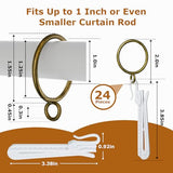 1.25 Inch Curtain Rings with Hooks, 24 Pack Bronze Metal Drapery Rings with Pins Fits Up to 1" Curtain Rods