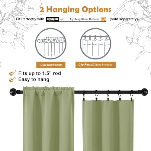 Aiyufeng Sage Green Blackout Curtains for Bedroom 63 Inch Length 2 Panels Set, Solid Thermal Insulated Energy Saving Rod Pocket Window Treatment Curtains Blackout Drapes, W40 x L63 Inch, Sage