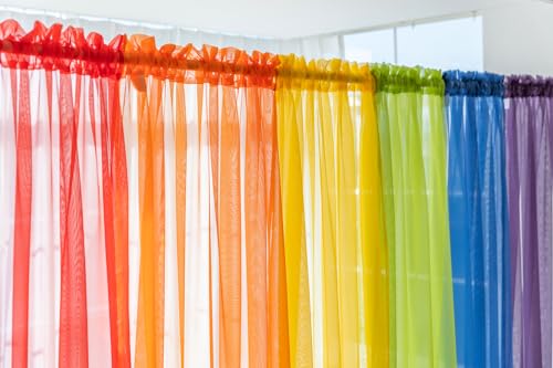 6 Piece Rainbow Sheer Window Panel Colorful Backdrop Bright Curtains Set for Playroom, Nurseries, Bedroom & more Lime, Orange, Red, Purple, Bright Yellow, Navy drapes- 84 inch Long Panels