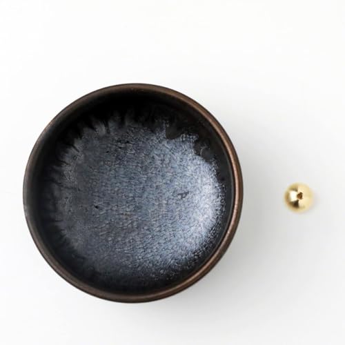 Asayu Japan Zen Incense Holder – 3.9" (100 mm) Ceramic Incense Bowl with Brass Burner, Made in Japan Mino Ware, Modern Wabi-Sabi Style in Metallic Black, Brown & Gold