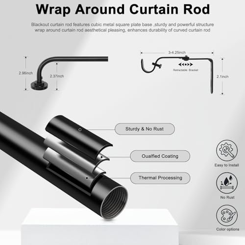 Curtain Rods for Windows 28 to 48 inch, 5/8 Inch Black Curtain Rod, Adjustable Wrap Around Curtains Rod, Blackout Curtains Rods, Metal Room Darkening Curved Cafe Small Drapery Pole, Matte Black