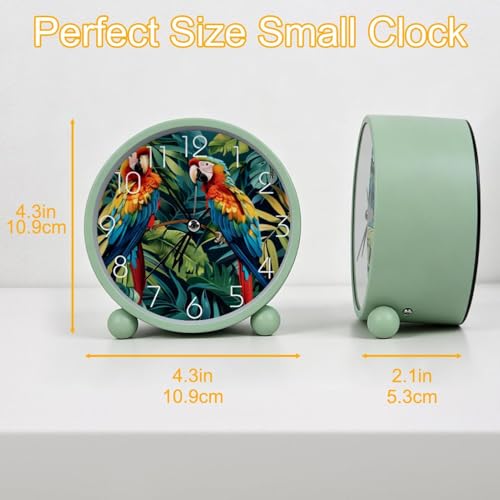Small Analog Alarm Clock, 4.3 inch Silent Desk Clock with Night Light, Battery Operated, for Kids Bedroom Living Room Bedside, Tropical Birds Parrots Exotic Jungle Plants