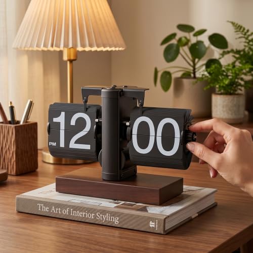 VINGVO Digital Flip Down Clock, Retro Flip Desk Clock, Battery Operated Mechanical Clock, Internal Gear Operated Time Clocks for Home Room Office Desk & Shelf Decoration (Black)