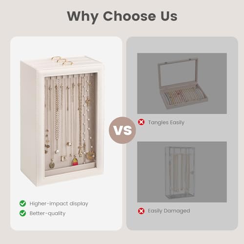 Lolalet Necklace Organizer Box, Jewelry Storage Box with Clear Window for Necklaces Bracelets, Tangle-Free Necklace Display Case for Women Girls, White, 3 Layers 30 Hooks